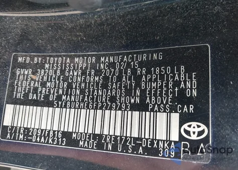 2015 Toyota Corolla Le from USA, damaged, VIN 5YFBURHE6FP279793
